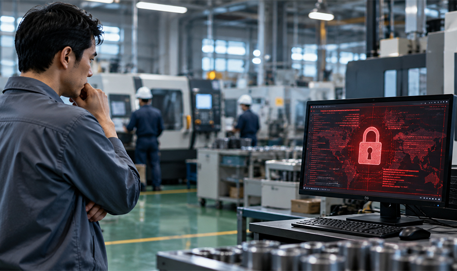 Factory manager views a cybersecurity warning on a monitor while workers operate machinery