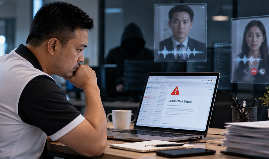 Employee views a suspicious bank details email during a video call with a hooded hacker in the background